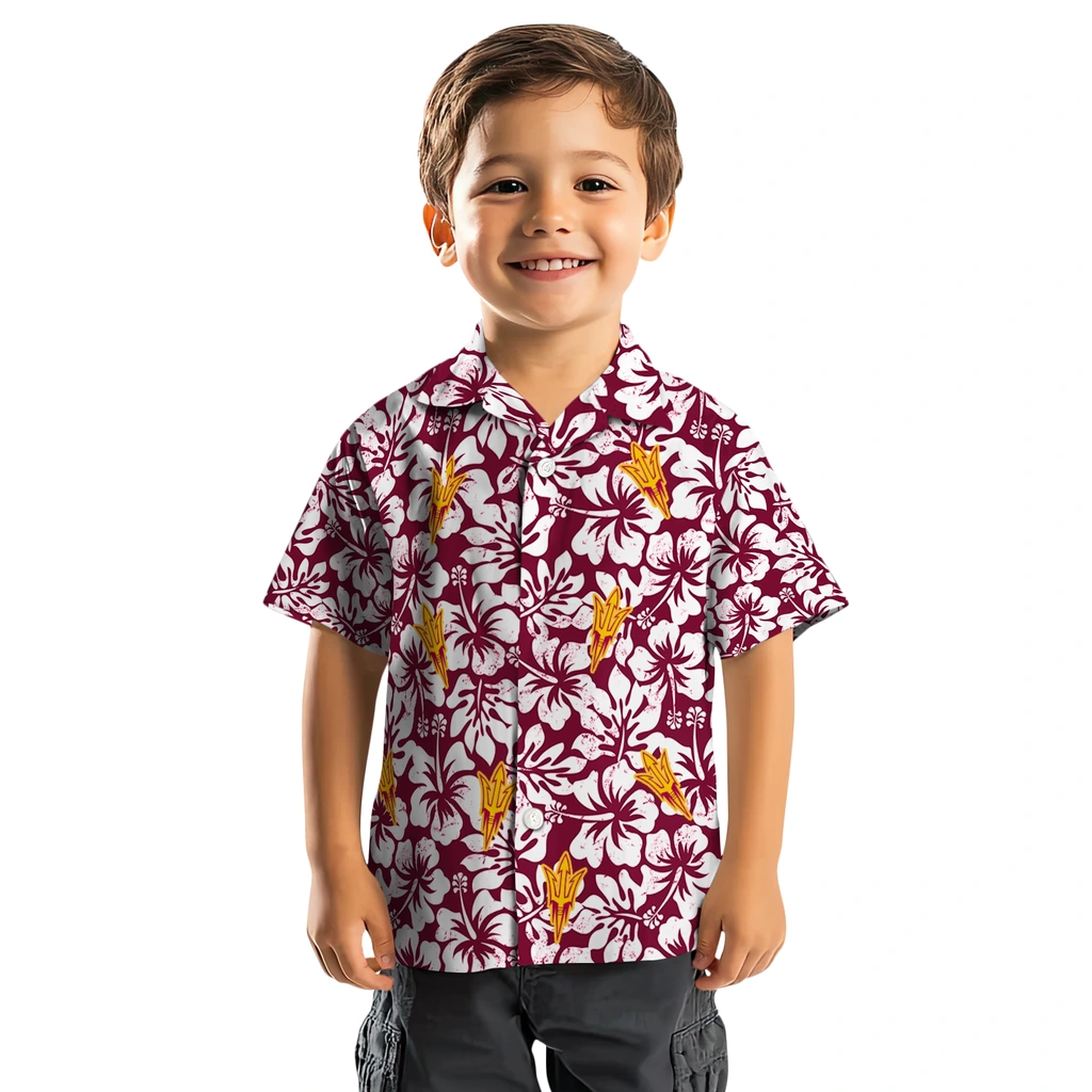 Arizona State Sun Devils Hawaiian Shirt - Hibiscus Motif arizona state sun devils hibiscus motif maroon white hawaiian shirts top rated