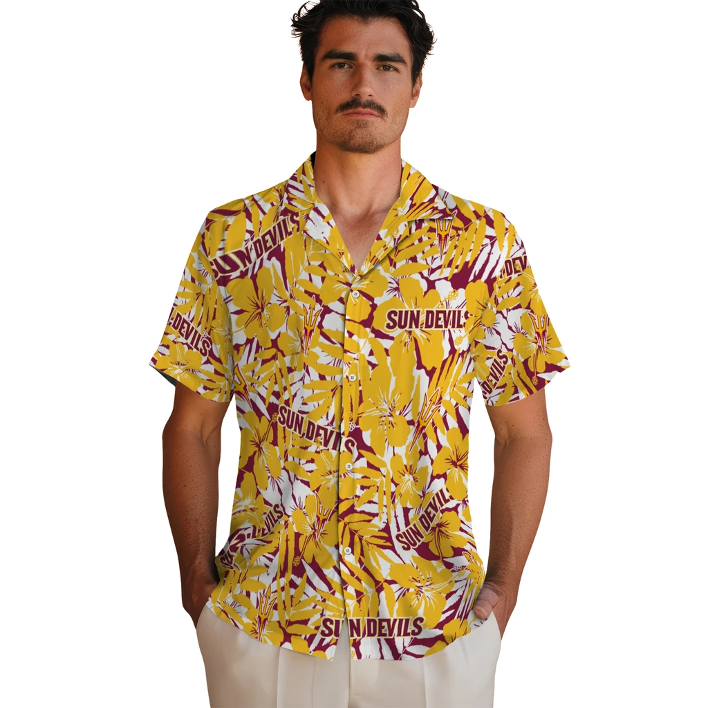 Arizona State Sun Devils Hawaiian Shirt - Hibiscus Overlay arizona state sun devils hibiscus overlay hawaiian shirts fashion forward