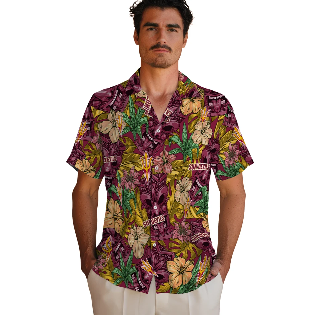 Arizona State Sun Devils Hawaiian Shirt - Hibiscus Tiki Jungle arizona state sun devils tiki jungle maroon hawaiian shirts fashion forward