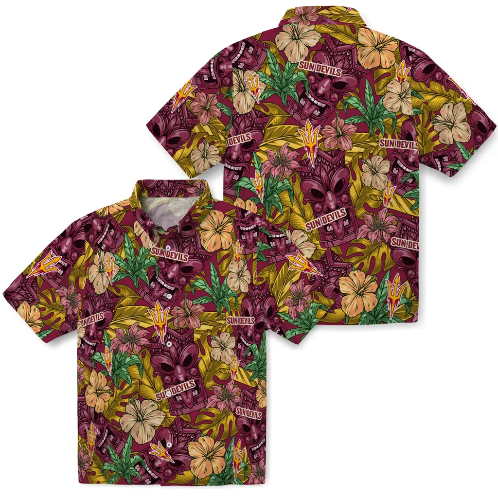 Arizona State Sun Devils Hawaiian Shirt - Hibiscus Tiki Jungle arizona state sun devils tiki jungle maroon hawaiian shirts high quality