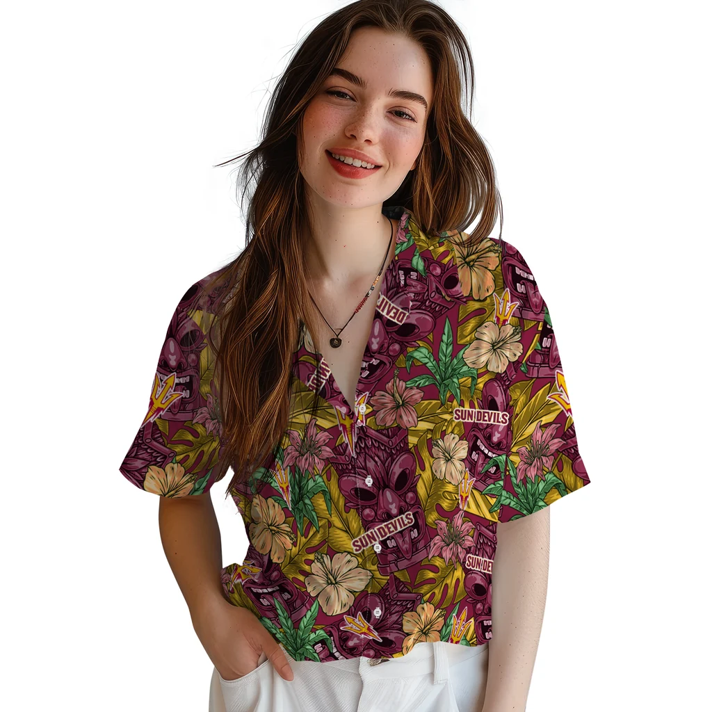 Arizona State Sun Devils Hawaiian Shirt - Hibiscus Tiki Jungle arizona state sun devils tiki jungle maroon hawaiian shirts latest model