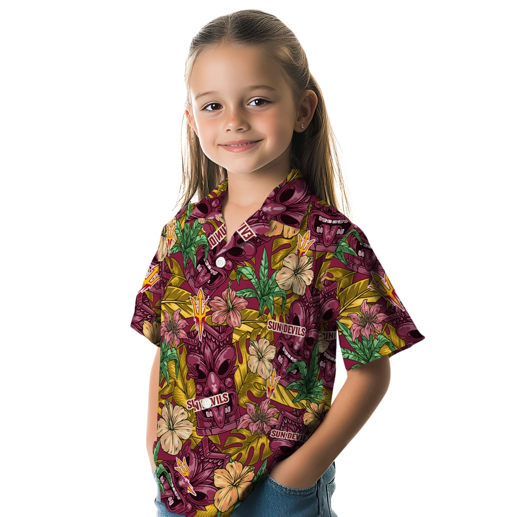 Arizona State Sun Devils Hawaiian Shirt - Hibiscus Tiki Jungle arizona state sun devils tiki jungle maroon hawaiian shirts premium grade