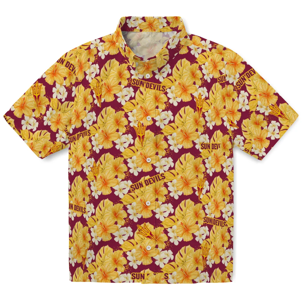 Arizona State Sun Devils Hawaiian Shirt - Hibiscus Tropics arizona state sun devils hibiscus tropics maroon yellow hawaiian shirts best selling