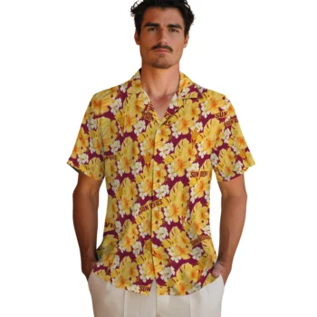 arizona state sun devils hibiscus tropics maroon yellow hawaiian shirts fashion forward