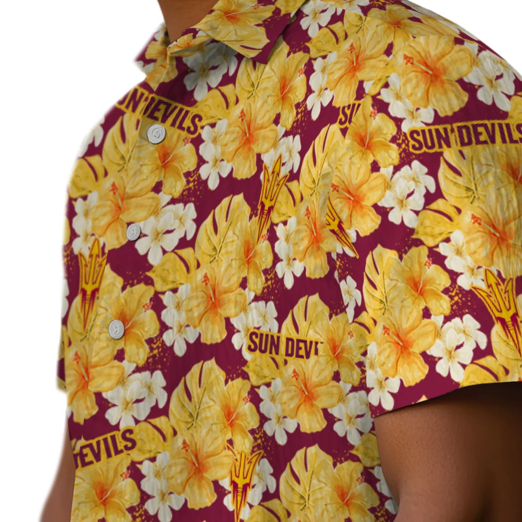 Arizona State Sun Devils Hawaiian Shirt - Hibiscus Tropics arizona state sun devils hibiscus tropics maroon yellow hawaiian shirts trendy