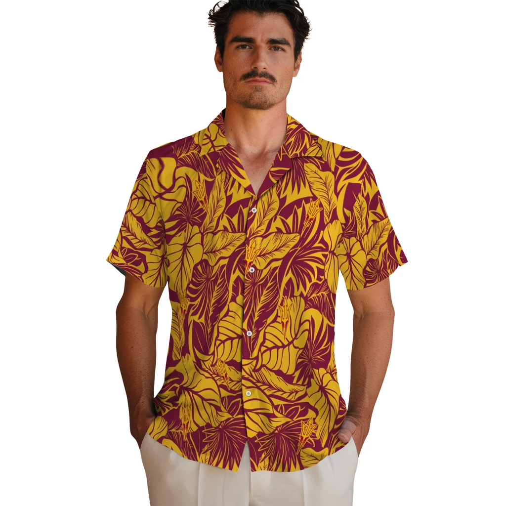 Arizona State Sun Devils Hawaiian Shirt - Monstera Layer arizona state sun devils monstera layer maroon hawaiian shirts fashion forward