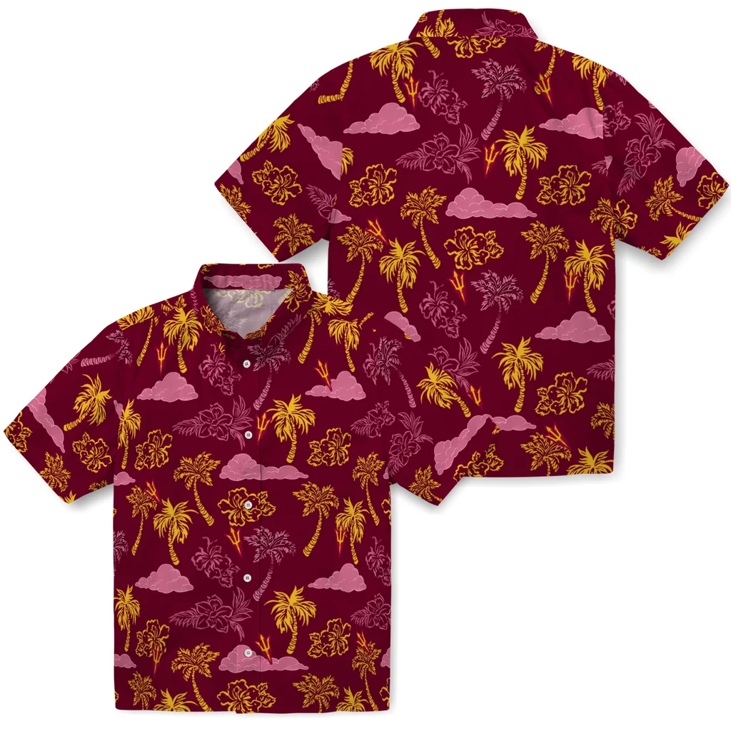 Arizona State Sun Devils Hawaiian Shirt - Palm And Clouds arizona state sun devils palm and clouds maroon hawaiian shirts high quality