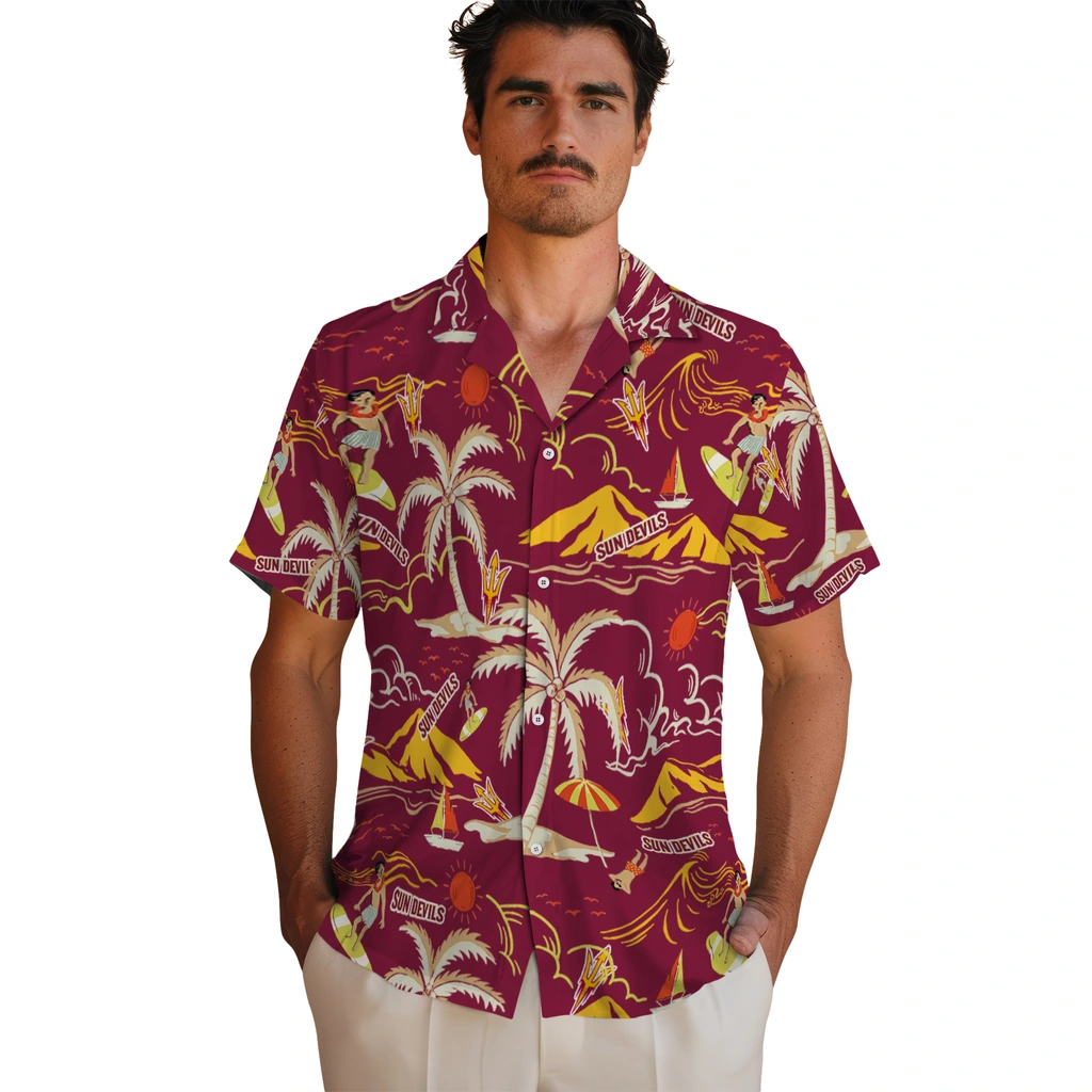 Arizona State Sun Devils Hawaiian Shirt - Palm Tree Island arizona state sun devils palm tree island maroon hawaiian shirts fashion forward