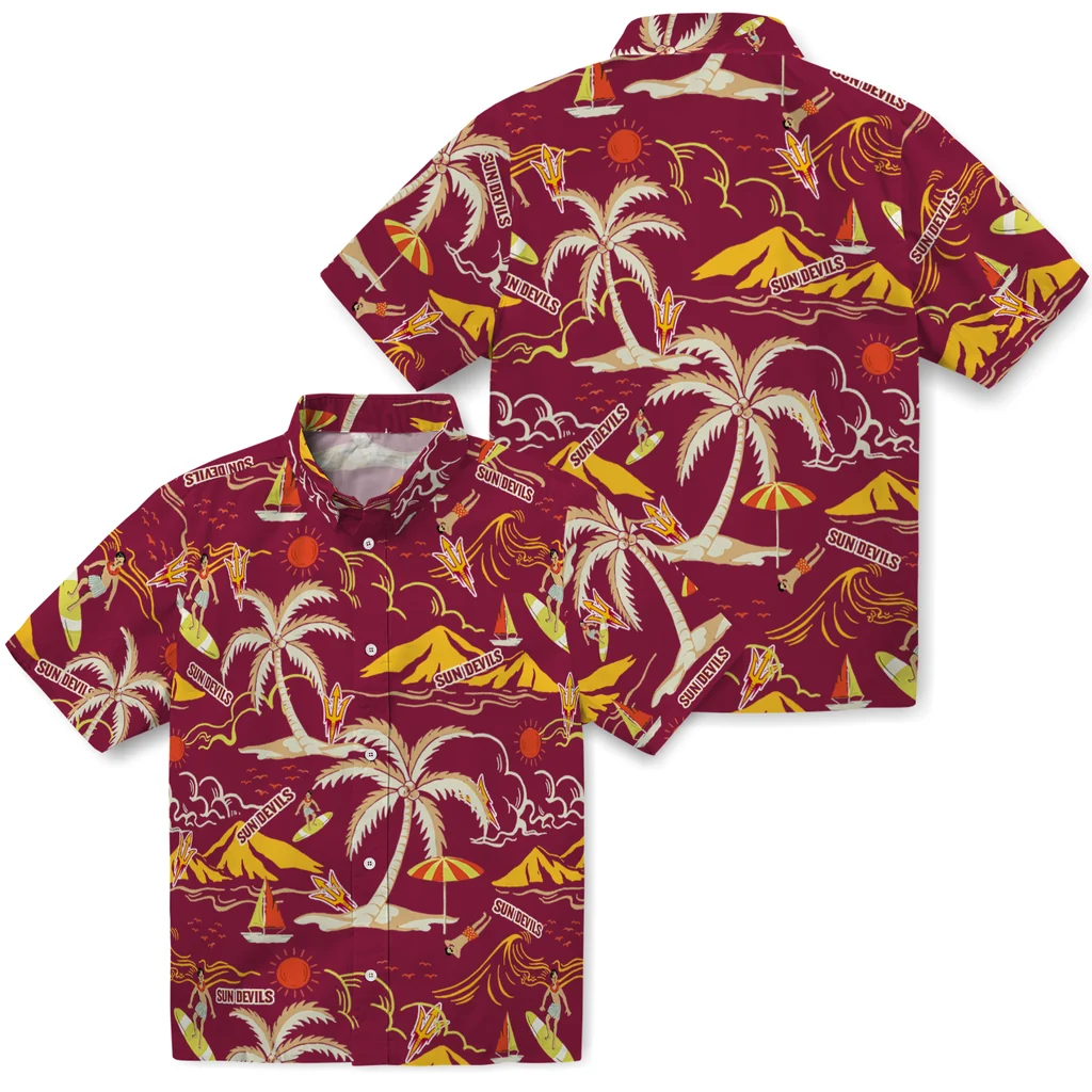 Arizona State Sun Devils Hawaiian Shirt - Palm Tree Island arizona state sun devils palm tree island maroon hawaiian shirts high quality
