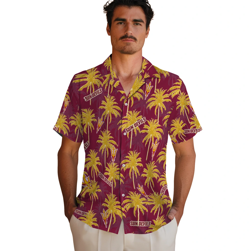 Arizona State Sun Devils Hawaiian Shirt - Palm Tree Motif arizona state sun devils palm grove maroon hawaiian shirts fashion forward