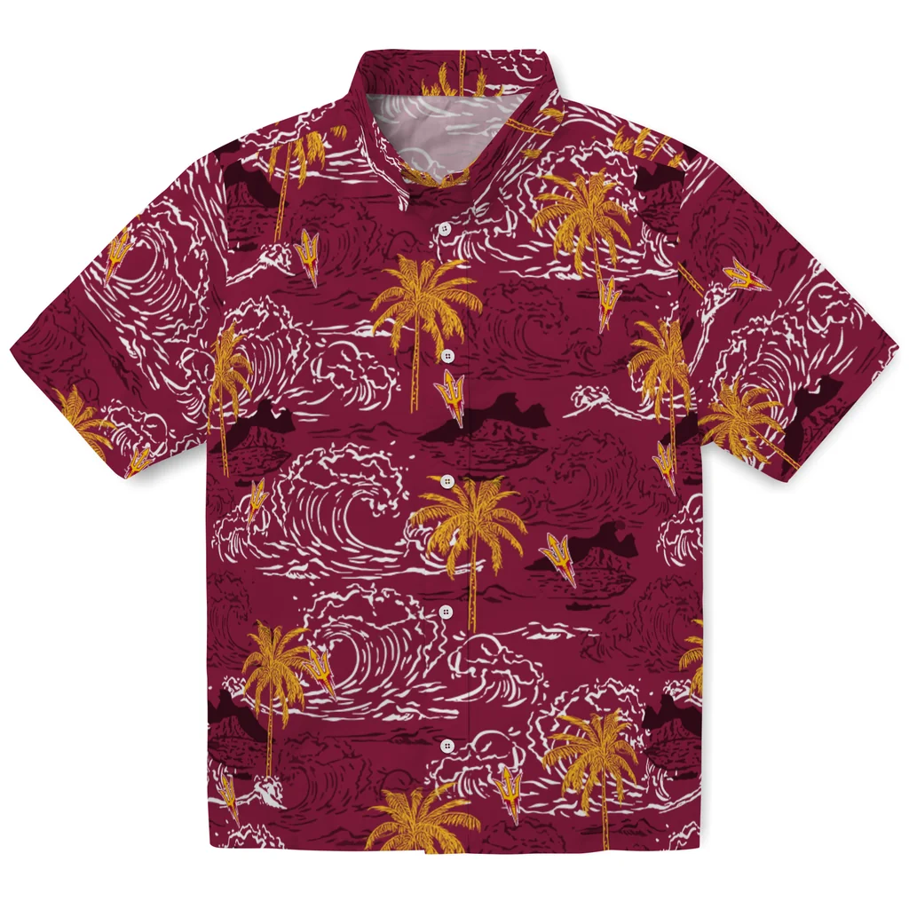 Arizona State Sun Devils Hawaiian Shirt - Wave Palm arizona state sun devils wave palm maroon hawaiian shirts best selling