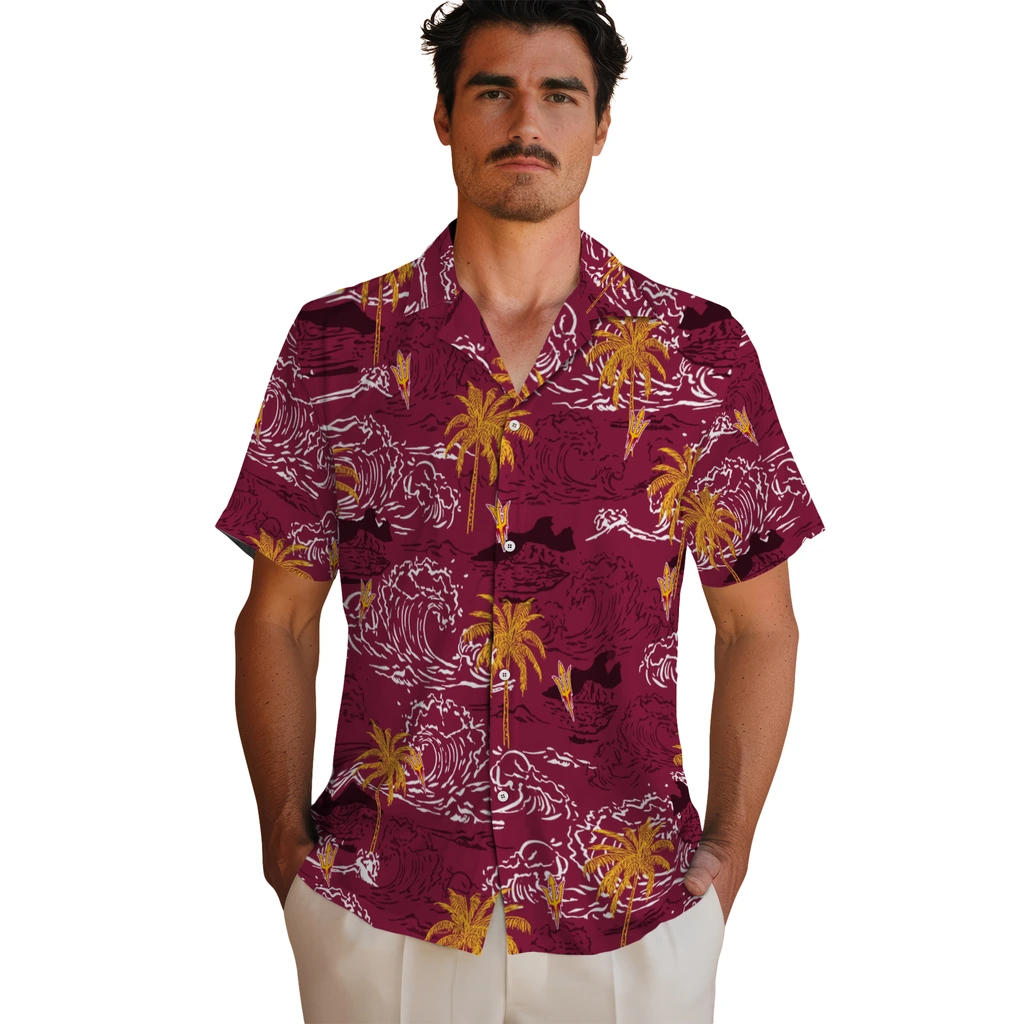Arizona State Sun Devils Hawaiian Shirt - Wave Palm arizona state sun devils wave palm maroon hawaiian shirts fashion forward