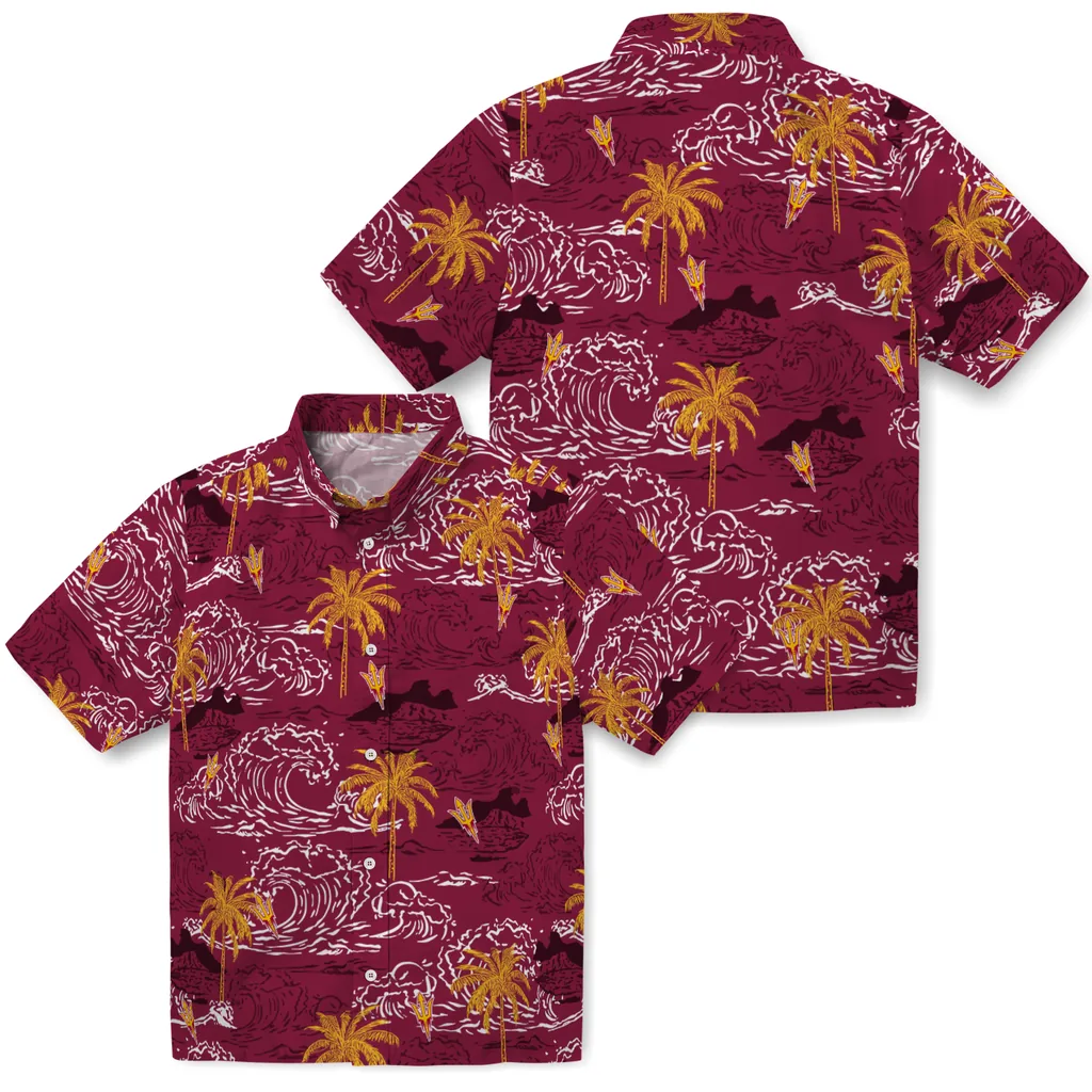 Arizona State Sun Devils Hawaiian Shirt - Wave Palm arizona state sun devils wave palm maroon hawaiian shirts high quality
