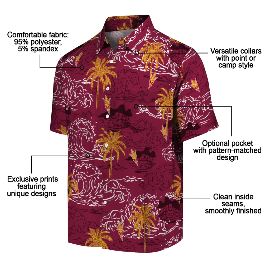 Arizona State Sun Devils Hawaiian Shirt - Wave Palm arizona state sun devils wave palm maroon hawaiian shirts new arrival