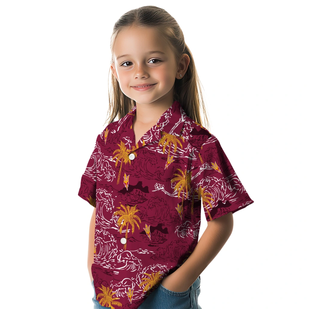 Arizona State Sun Devils Hawaiian Shirt - Wave Palm arizona state sun devils wave palm maroon hawaiian shirts premium grade