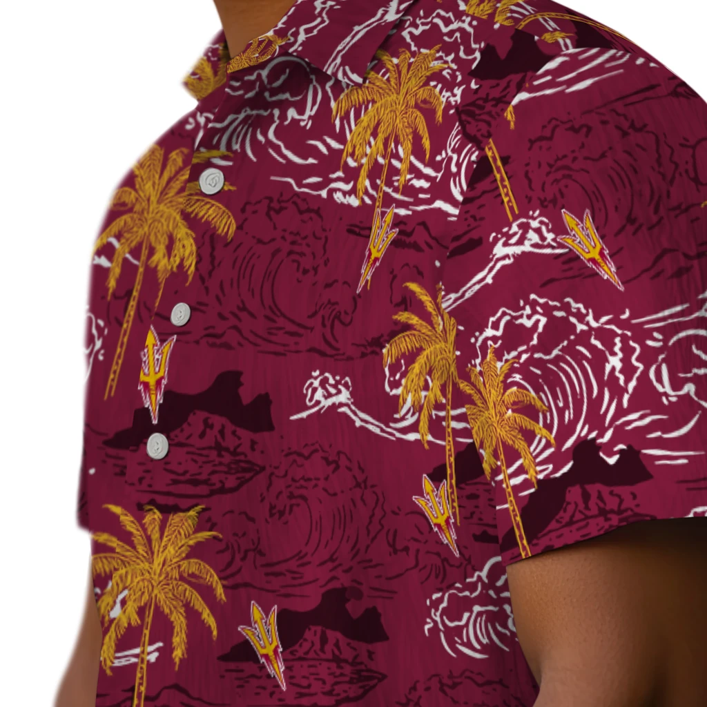 Arizona State Sun Devils Hawaiian Shirt - Wave Palm arizona state sun devils wave palm maroon hawaiian shirts trendy
