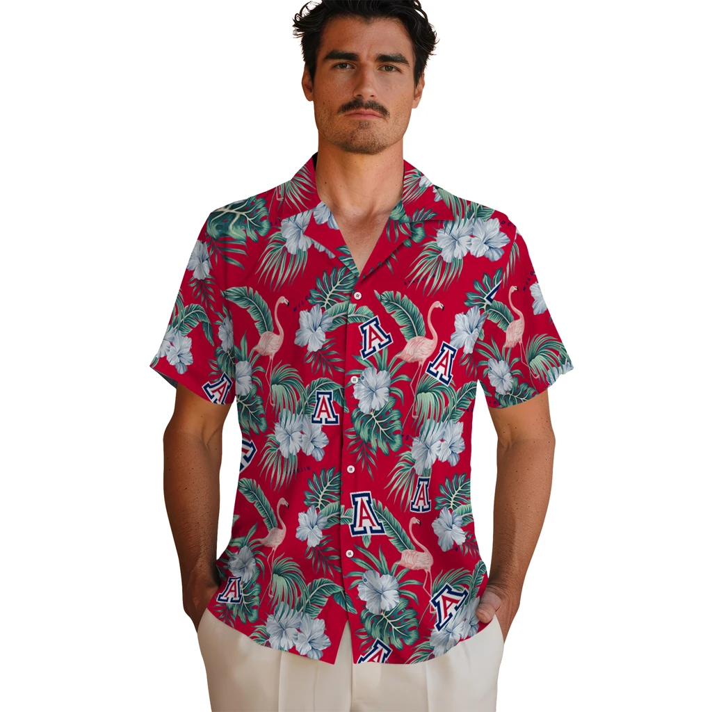 Arizona Wildcats Hawaiian Shirt - Flamingo and Hibiscus arizona wildcats flamingo palms red hawaiian shirts fashion forward