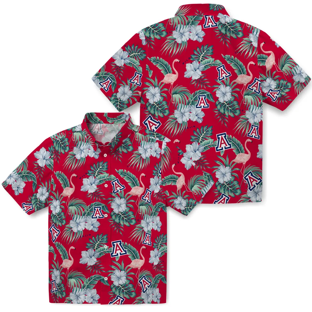 Arizona Wildcats Hawaiian Shirt - Flamingo and Hibiscus arizona wildcats flamingo palms red hawaiian shirts high quality