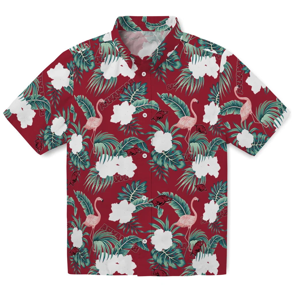 Arkansas Razorbacks Hawaiian Shirt - Flamingo and Hibiscus arkansas razorbacks flamingo palms red hawaiian shirts best selling