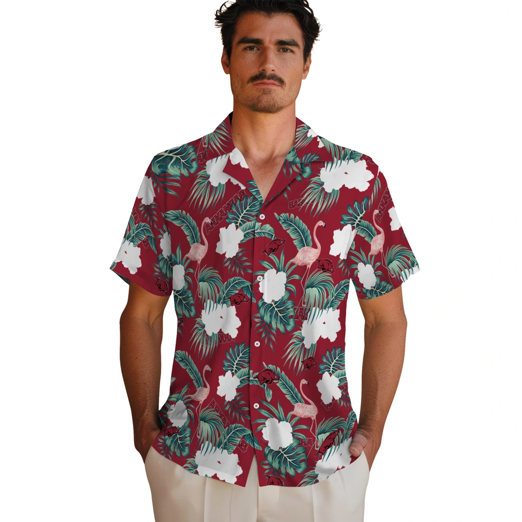 Arkansas Razorbacks Hawaiian Shirt - Flamingo and Hibiscus arkansas razorbacks flamingo palms red hawaiian shirts fashion forward