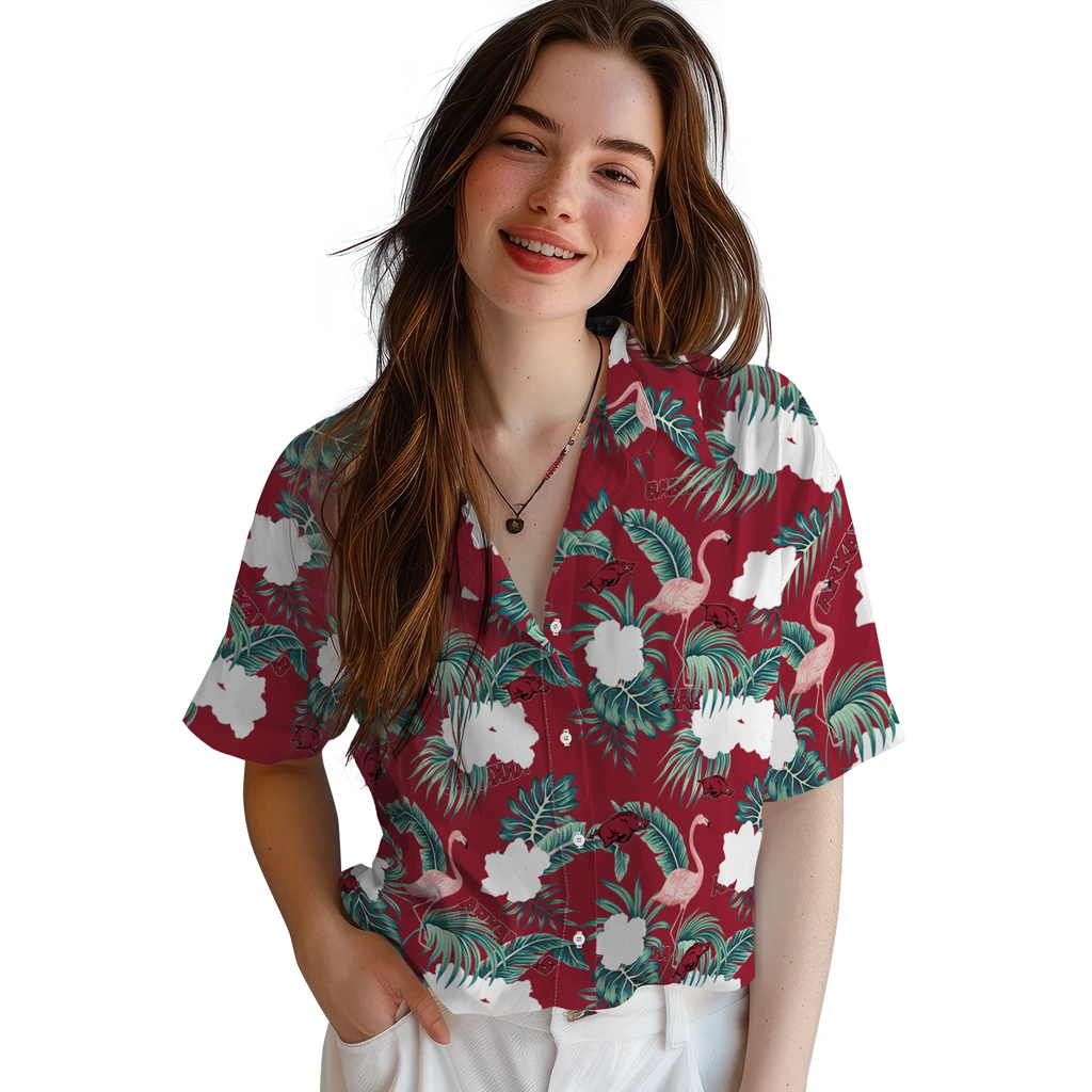 Arkansas Razorbacks Hawaiian Shirt - Flamingo and Hibiscus arkansas razorbacks flamingo palms red hawaiian shirts latest model