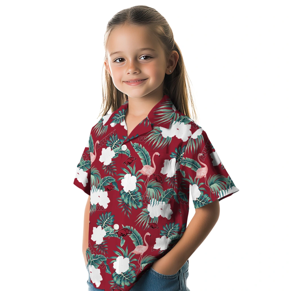Arkansas Razorbacks Hawaiian Shirt - Flamingo and Hibiscus arkansas razorbacks flamingo palms red hawaiian shirts premium grade