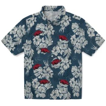 arkansas razorbacks hibiscus flowers navy blue hawaiian shirts best selling