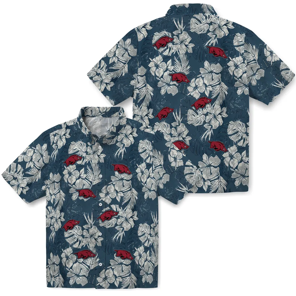 Arkansas Razorbacks Hawaiian Shirt - Hibiscus Flowers arkansas razorbacks hibiscus flowers navy blue hawaiian shirts high quality