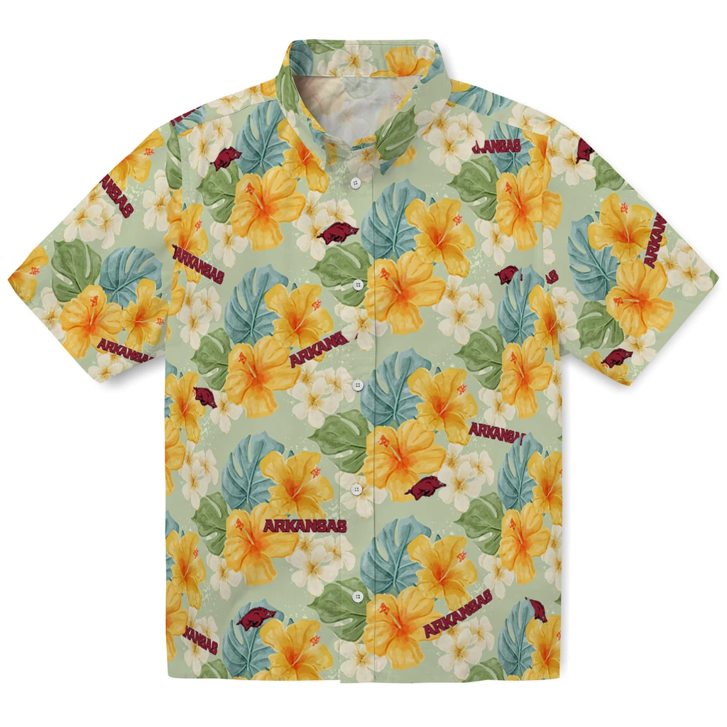Arkansas Razorbacks Hawaiian Shirt - Hibiscus Mood arkansas razorbacks hibiscus mood pale lime yellow hawaiian shirts best selling