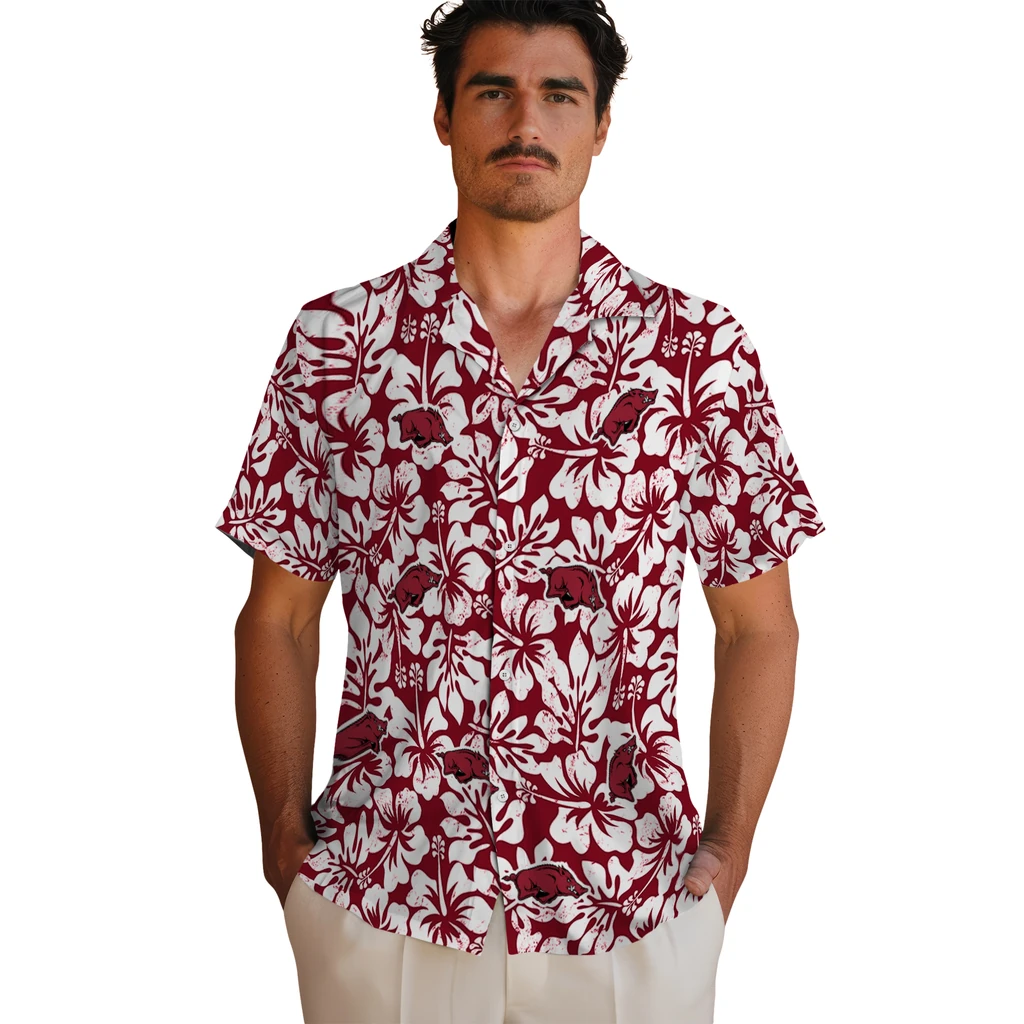 Arkansas Razorbacks Hawaiian Shirt - Hibiscus Motif arkansas razorbacks hibiscus motif red white hawaiian shirts fashion forward