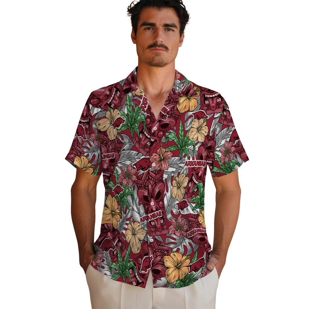 Arkansas Razorbacks Hawaiian Shirt - Hibiscus Tiki Jungle arkansas razorbacks tiki jungle red hawaiian shirts fashion forward