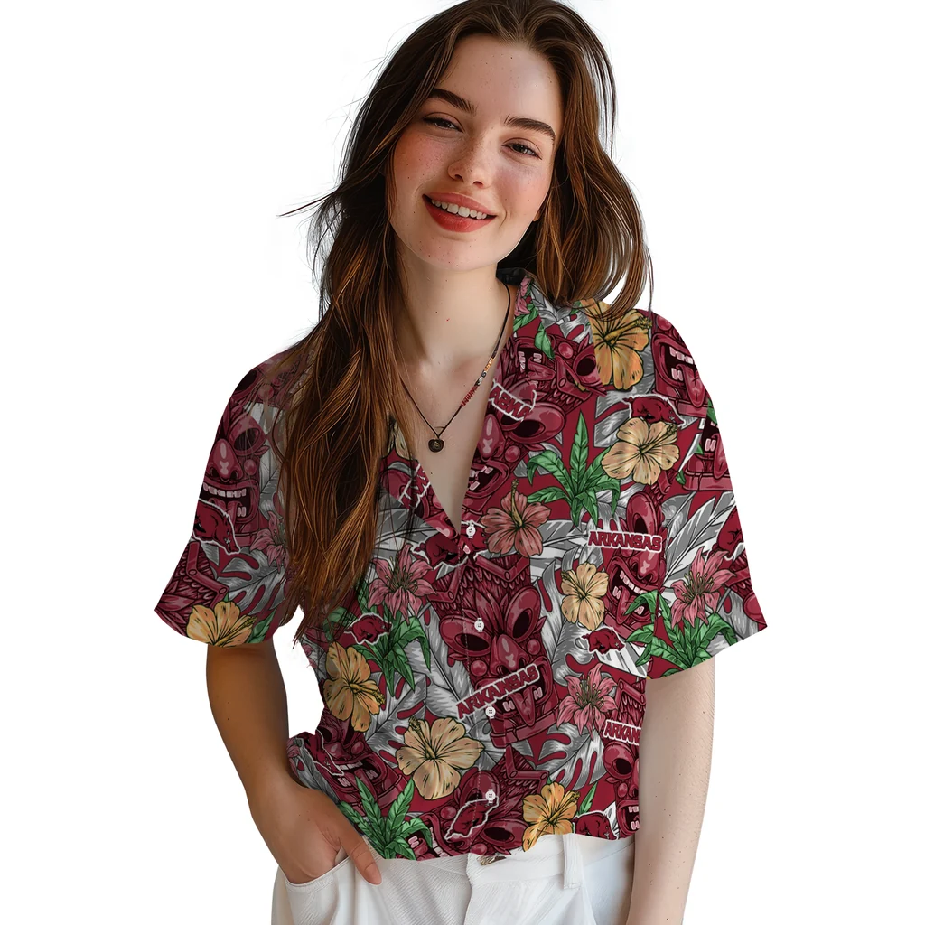Arkansas Razorbacks Hawaiian Shirt - Hibiscus Tiki Jungle arkansas razorbacks tiki jungle red hawaiian shirts latest model