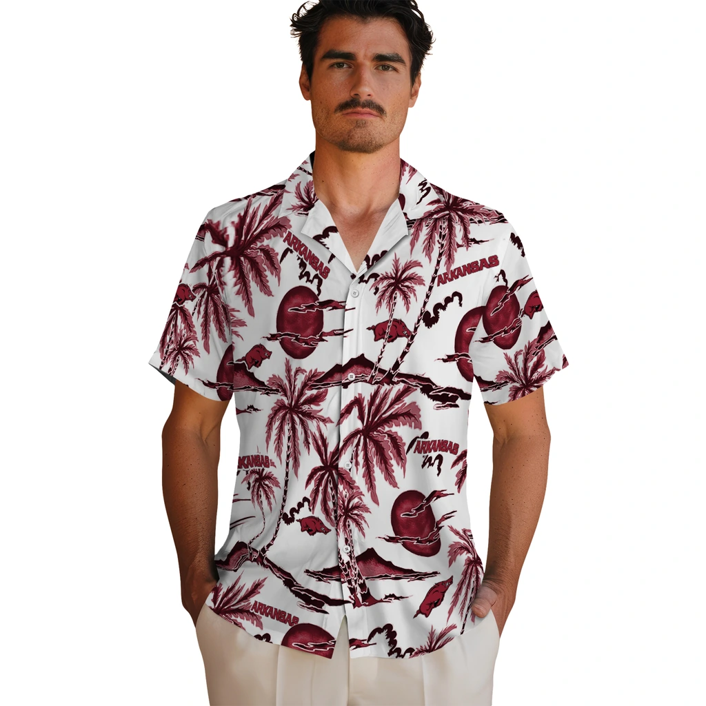 Arkansas Razorbacks Hawaiian Shirt - Palm Sunset arkansas razorbacks palm sunset hawaiian shirts fashion forward