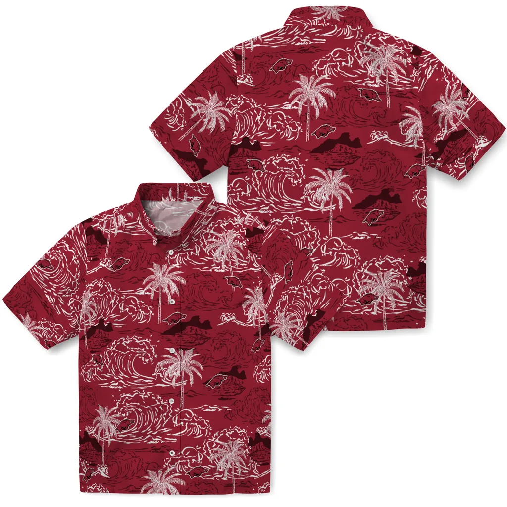 Arkansas Razorbacks Hawaiian Shirt - Wave Palm arkansas razorbacks wave palm red hawaiian shirts high quality