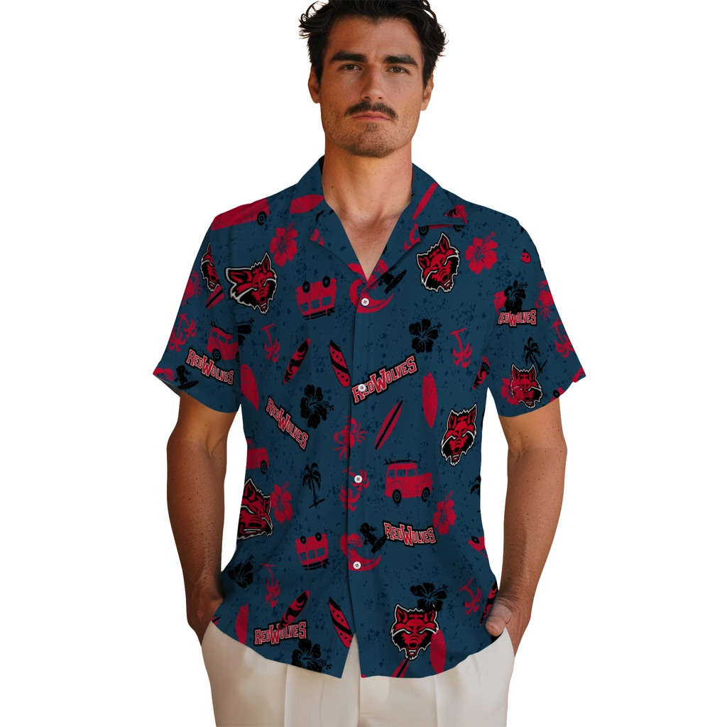 Arkansas State Red Wolves Hawaiian Shirt - Beach Vibe arkansas state red wolves beach vibe navy hawaiian shirts fashion forward