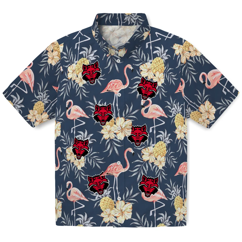 Arkansas State Red Wolves Hawaiian Shirt - Flamingo Hibiscus arkansas state red wolves flamingo hibiscus navy hawaiian shirts best selling