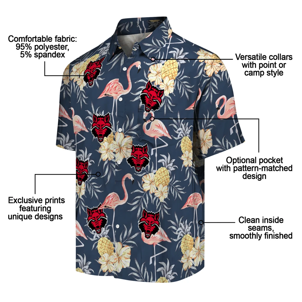 Arkansas State Red Wolves Hawaiian Shirt - Flamingo Hibiscus arkansas state red wolves flamingo hibiscus navy hawaiian shirts new arrival