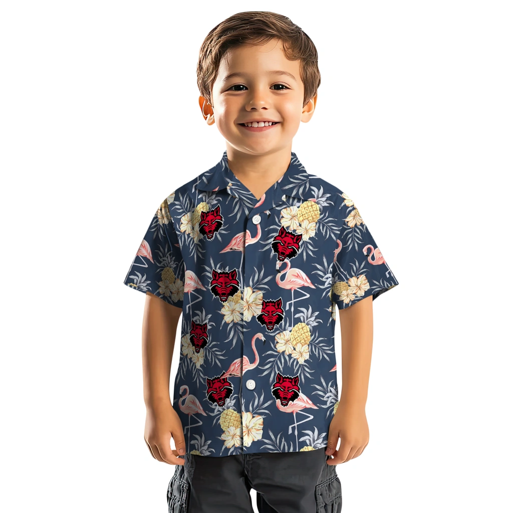 Arkansas State Red Wolves Hawaiian Shirt - Flamingo Hibiscus arkansas state red wolves flamingo hibiscus navy hawaiian shirts top rated