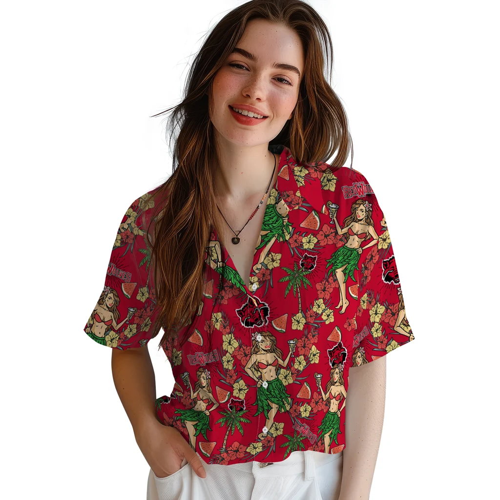 Arkansas State Red Wolves Hawaiian Shirt - Hawaiian Girls Design arkansas state red wolves hawaiian girls design scarlet hawaiian shirts latest model