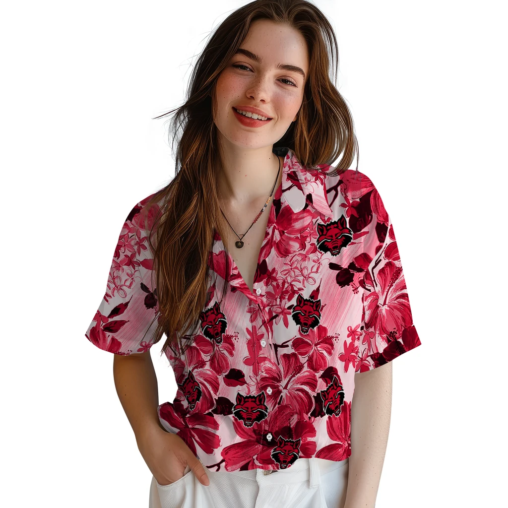 Arkansas State Red Wolves Hawaiian Shirt - Hibiscus Arrangement arkansas state red wolves hibiscus arrangement scarlet hawaiian shirts latest model