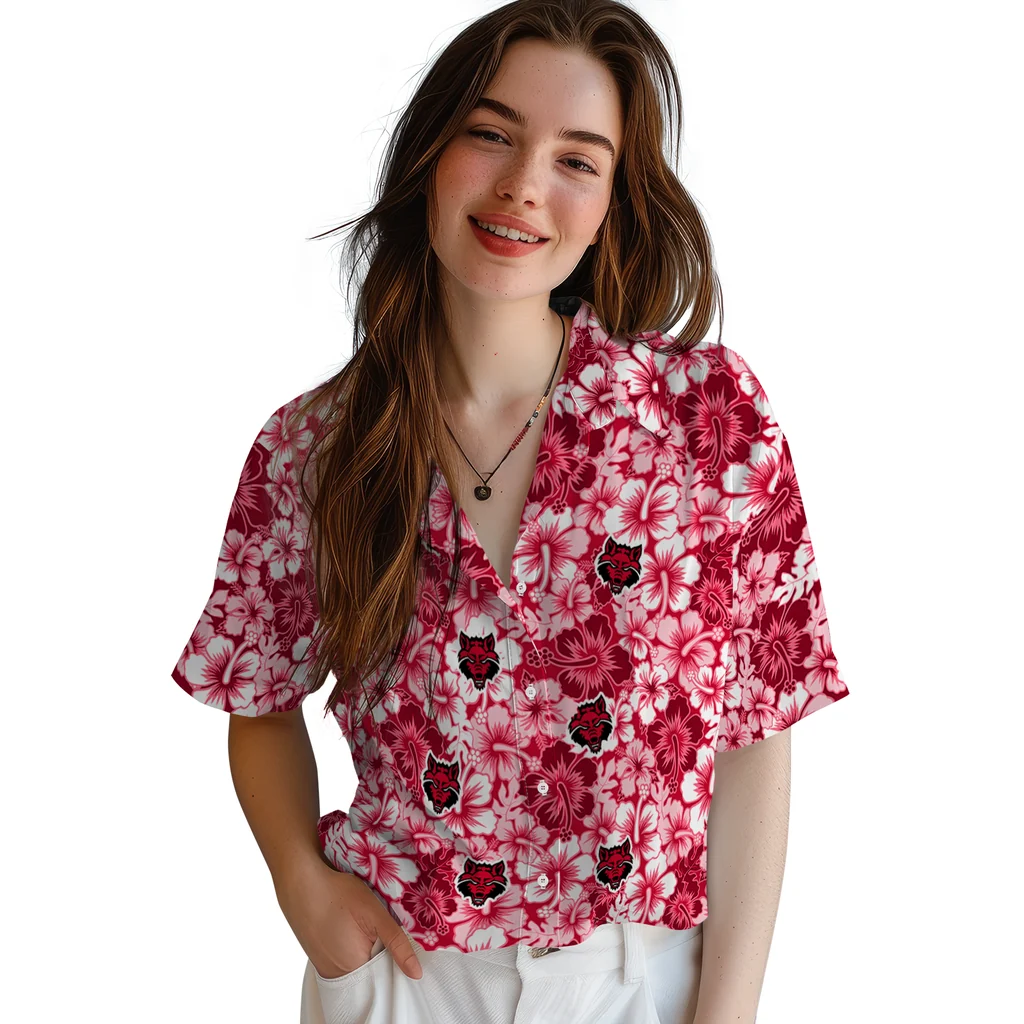 Arkansas State Red Wolves Hawaiian Shirt - Hibiscus Blooms arkansas state red wolves hibiscus blooms scarlet hawaiian shirts latest model
