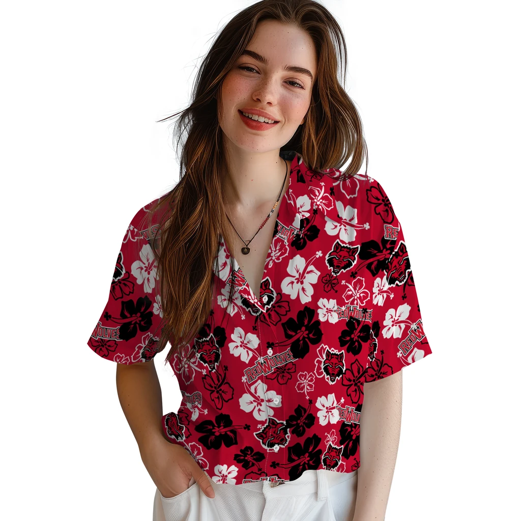 Arkansas State Red Wolves Hawaiian Shirt - Hibiscus Flower Design arkansas state red wolves hibiscus bloom scarlet hawaiian shirts latest model