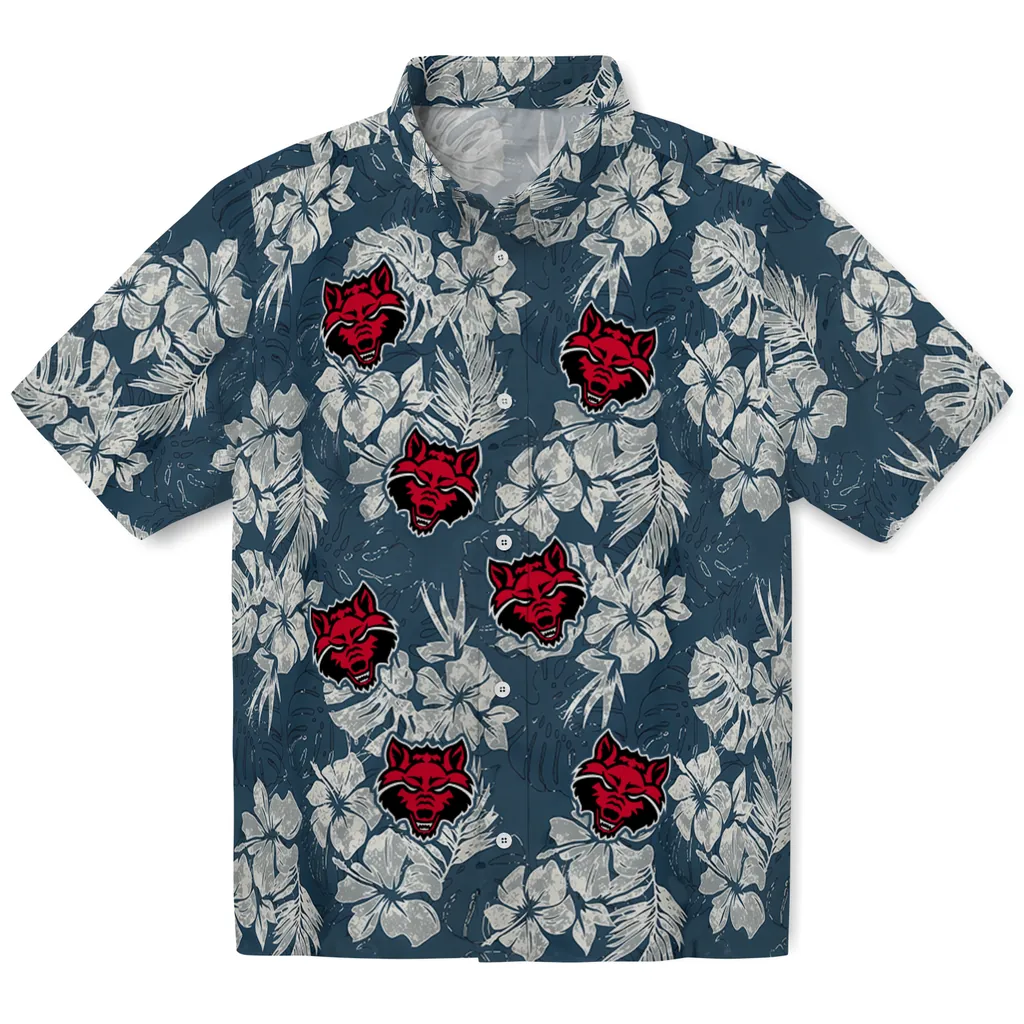 Arkansas State Red Wolves Hawaiian Shirt - Hibiscus Flowers arkansas state red wolves hibiscus flowers navy blue hawaiian shirts best selling