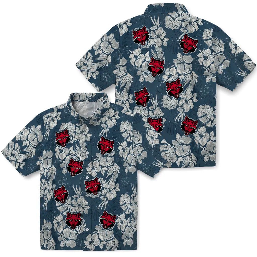 Arkansas State Red Wolves Hawaiian Shirt - Hibiscus Flowers arkansas state red wolves hibiscus flowers navy blue hawaiian shirts high quality