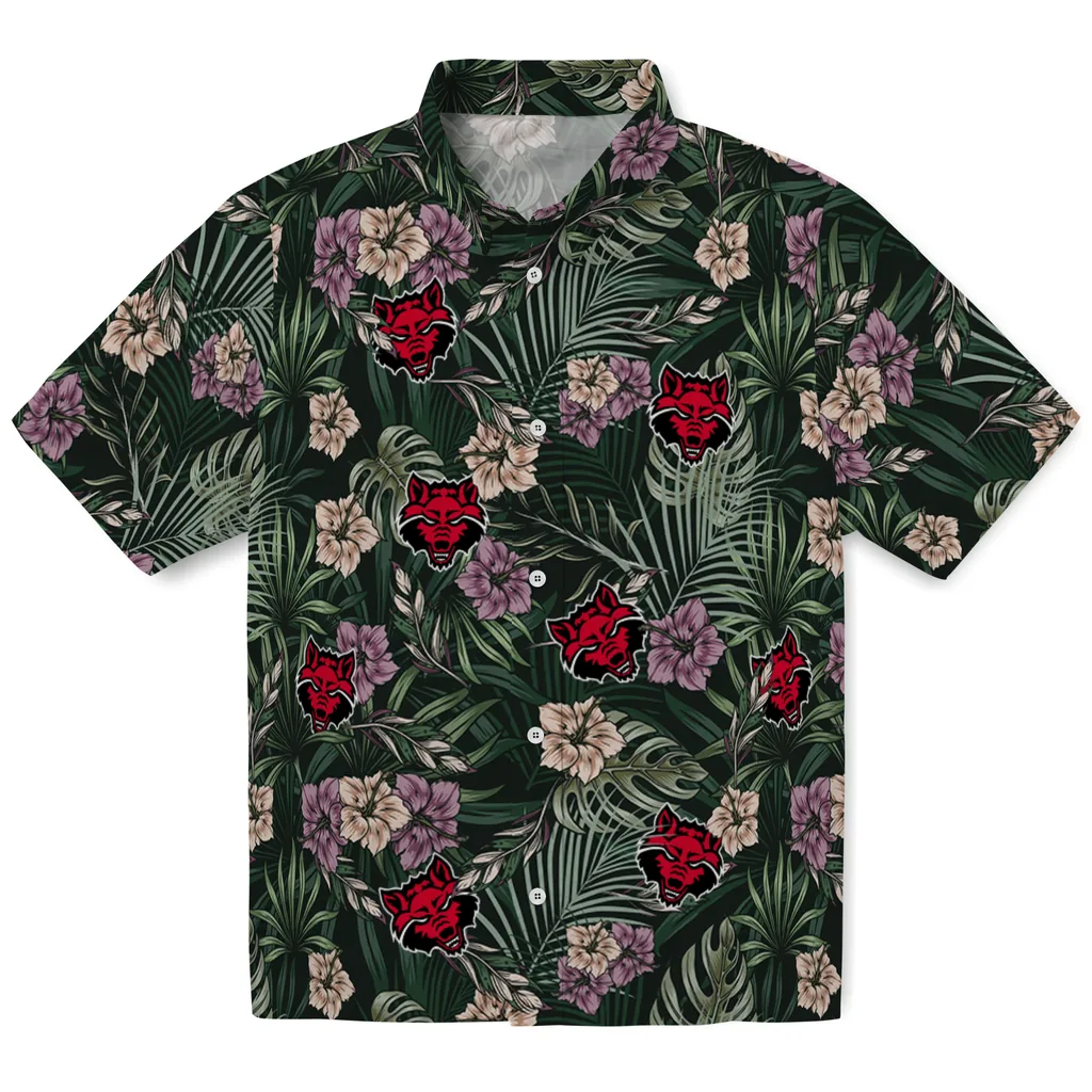 Arkansas State Red Wolves Hawaiian Shirt - Hibiscus Leaves Pattern arkansas state red wolves hibiscus leaves pattern green hawaiian shirts best selling