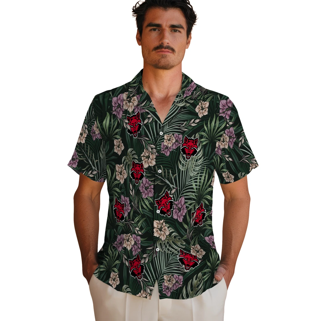 Arkansas State Red Wolves Hawaiian Shirt - Hibiscus Leaves Pattern arkansas state red wolves hibiscus leaves pattern green hawaiian shirts fashion forward