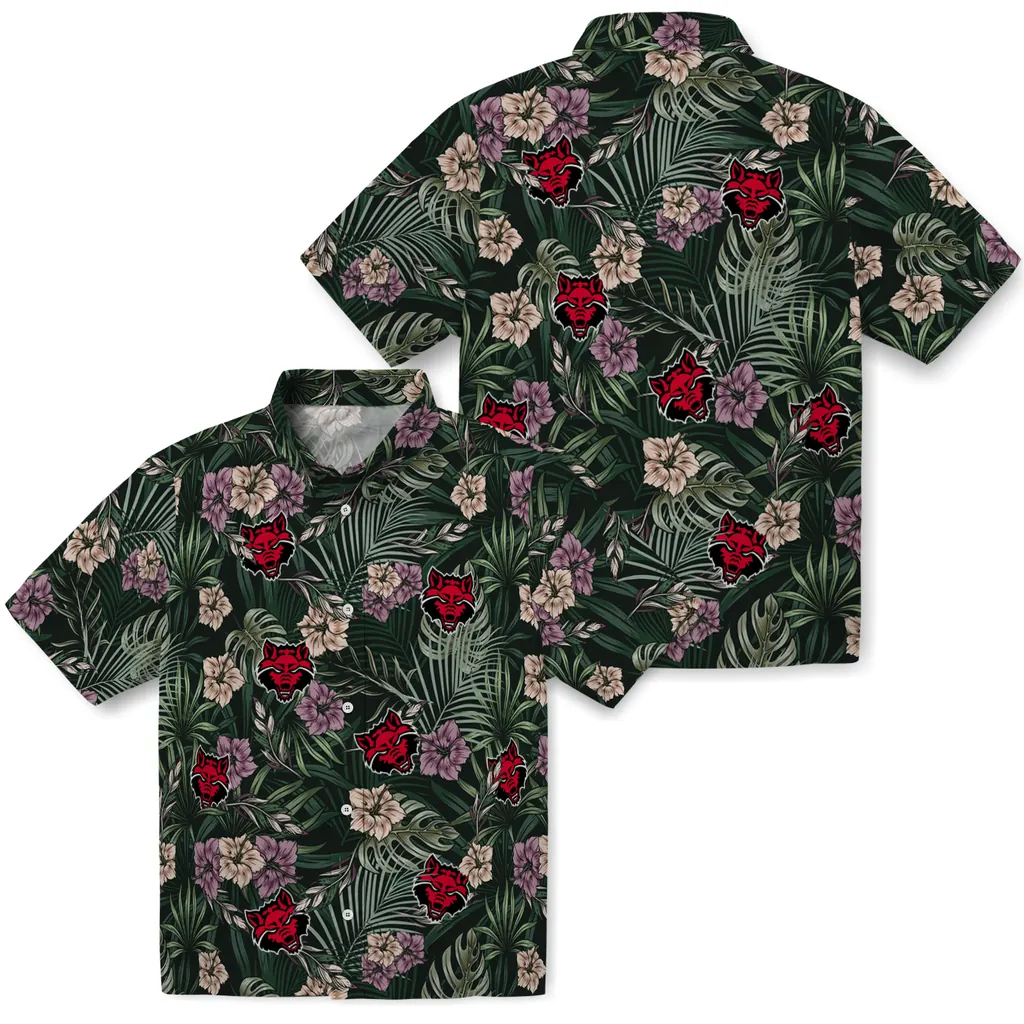 Arkansas State Red Wolves Hawaiian Shirt - Hibiscus Leaves Pattern arkansas state red wolves hibiscus leaves pattern green hawaiian shirts high quality