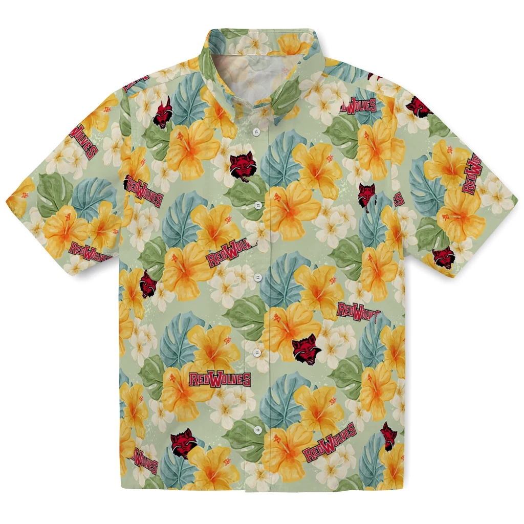 Arkansas State Red Wolves Hawaiian Shirt - Hibiscus Mood arkansas state red wolves hibiscus mood pale lime yellow hawaiian shirts best selling