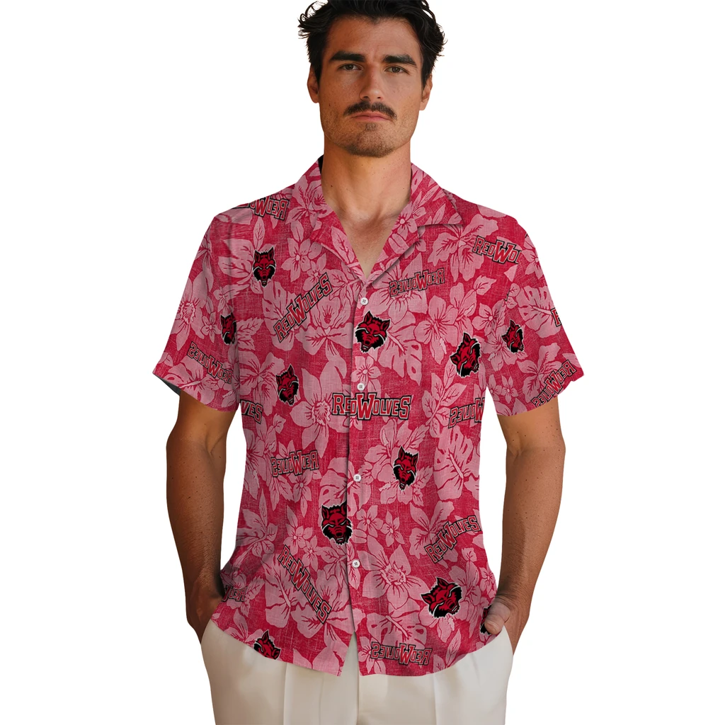 Arkansas State Red Wolves Hawaiian Shirt - Hibiscus Oasis arkansas state red wolves hibiscus oasis scarlet hawaiian shirts fashion forward
