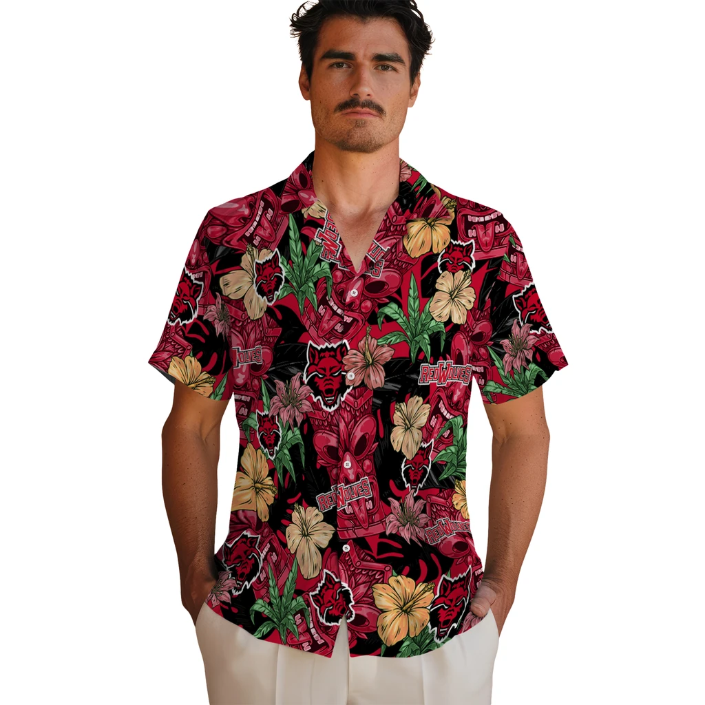 Arkansas State Red Wolves Hawaiian Shirt - Hibiscus Tiki Jungle arkansas state red wolves tiki jungle scarlet hawaiian shirts fashion forward
